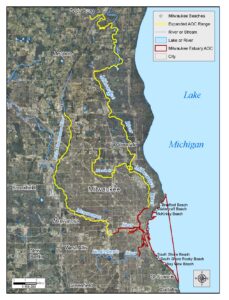 A map of southeastern Wisconsin marks where the Area of Concern extends along the Milwaukee, Menomonee and Kinnickinnic rivers.