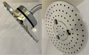 A shower head with the water running and another photo without water running