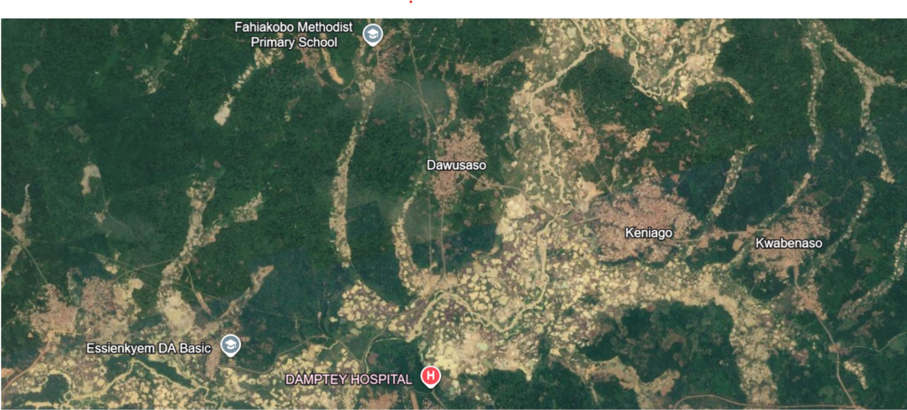 satellite image shows green areas interrupted by patches of barren land