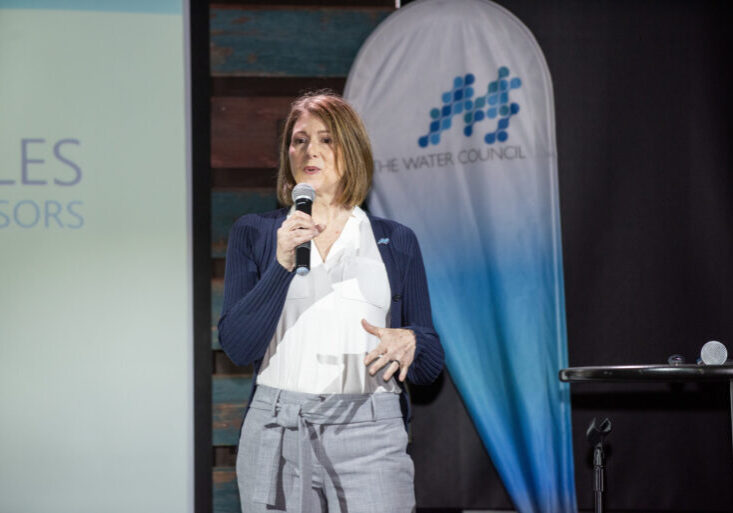 Woman with microphone stands in front of projector screen