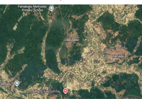 satellite image shows green areas interrupted by patches of barren land