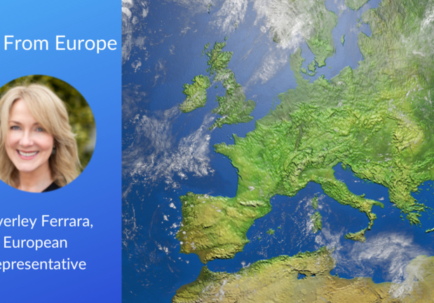 headshot of Beverley Ferrara and a map of Europe