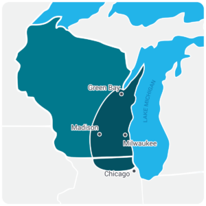 map showing Wisconsin and northern Illinois with a darkened section encompassing Milwaukee, Madison, Green Bay and northern Illinois above Chicago.